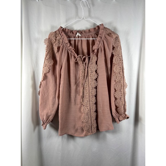 E&M Tops - E&M Women's Pink Lace Trim Boho Blouse Top‎ Size L